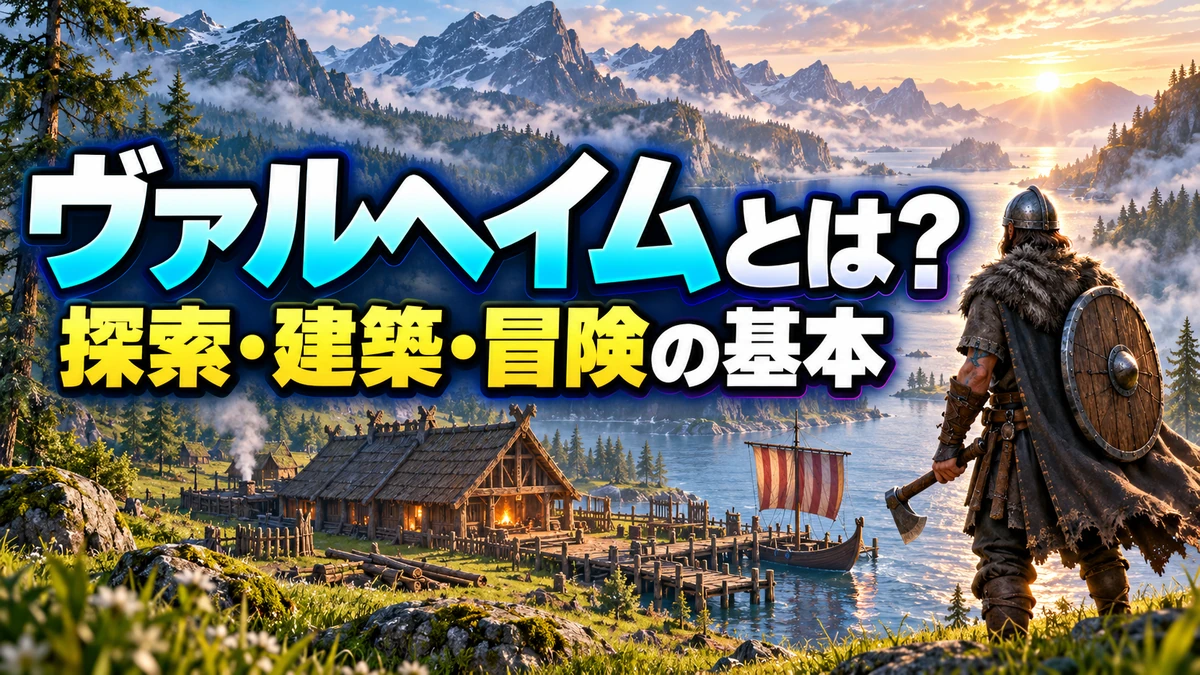 北欧風の湖と山を背景に、木造の拠点、帆船、冒険者を描いたValheimのゲーム紹介イラスト