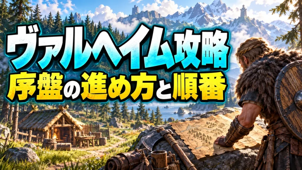 地図を確認する冒険者と草原の小屋を描いたヴァルヘイム序盤攻略のイラスト