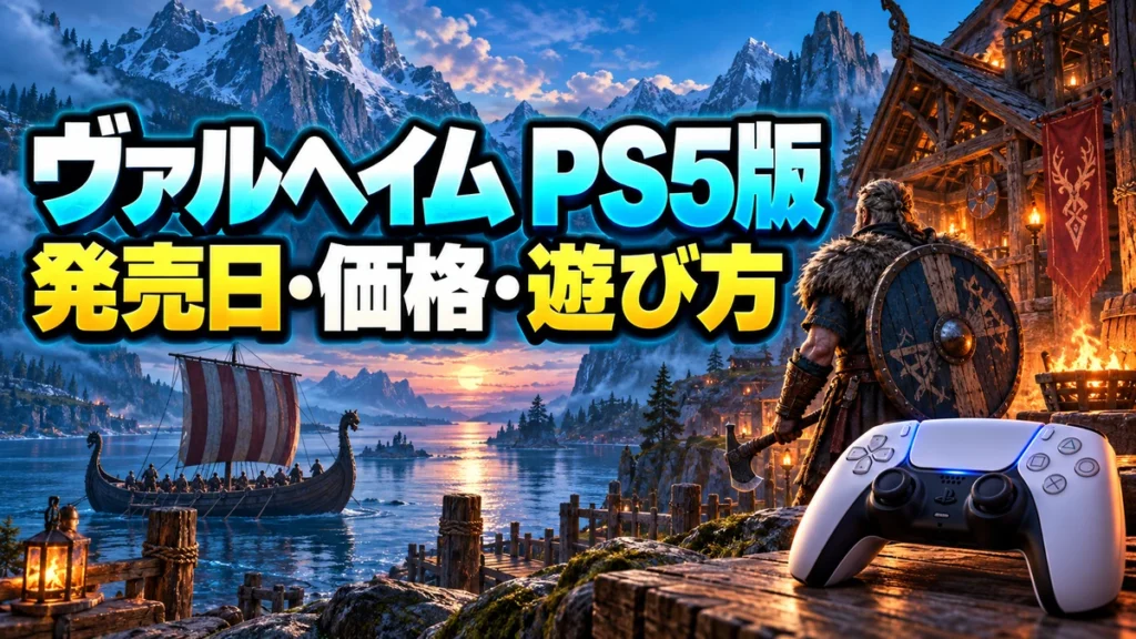 北欧の冒険風景と白黒のゲームコントローラーを配したValheim PS5版ガイドのイラスト