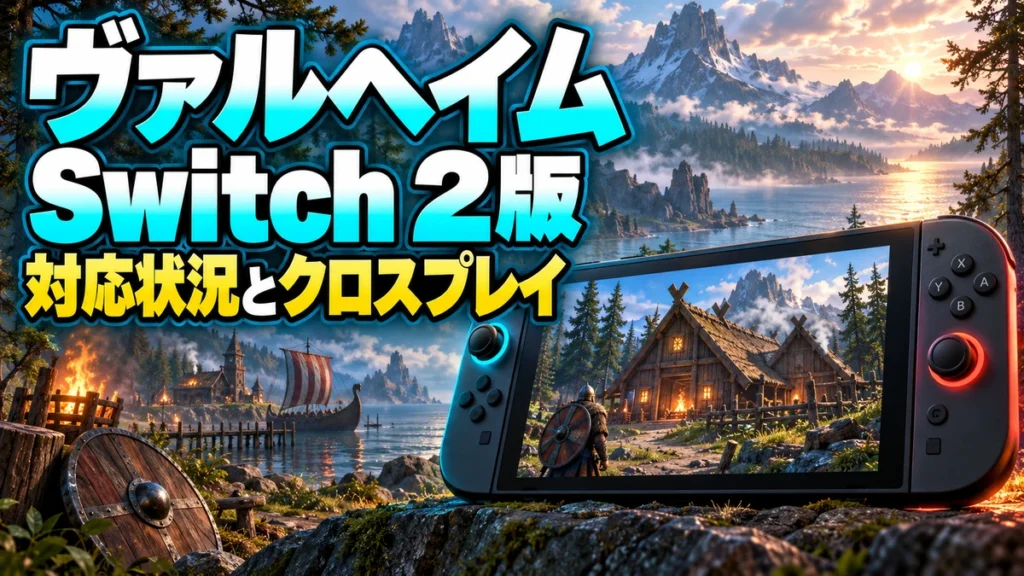 北欧の拠点風景を映した携帯ゲーム機とValheim Switch 2版の対応ガイドのイラスト