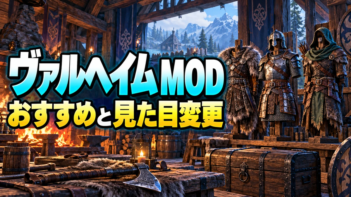 装備の展示と作業場を描いたValheim MOD・見た目変更ガイドのイラスト