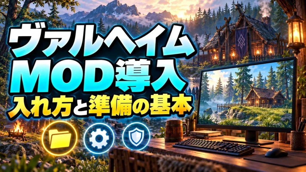 PC画面とフォルダーのイメージを組み合わせたValheim MOD導入ガイドのイラスト
