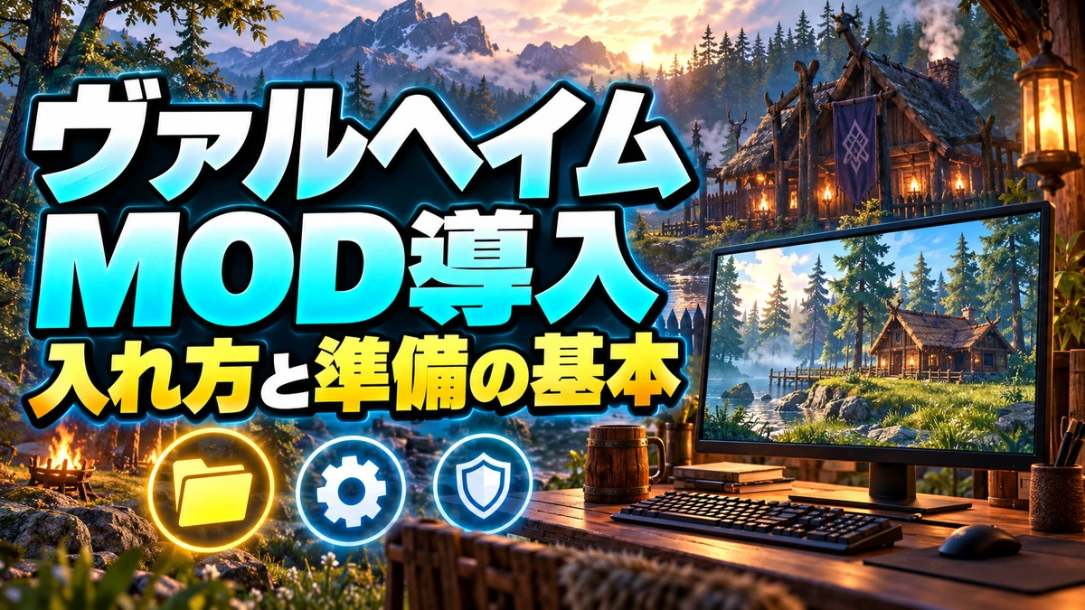 PC画面とフォルダーのイメージを組み合わせたValheim MOD導入ガイドのイラスト