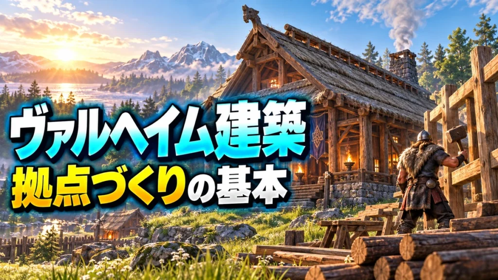 屋根と支柱のある木造拠点とハンマーを持つ建築者を描いたValheim建築ガイドのイラスト