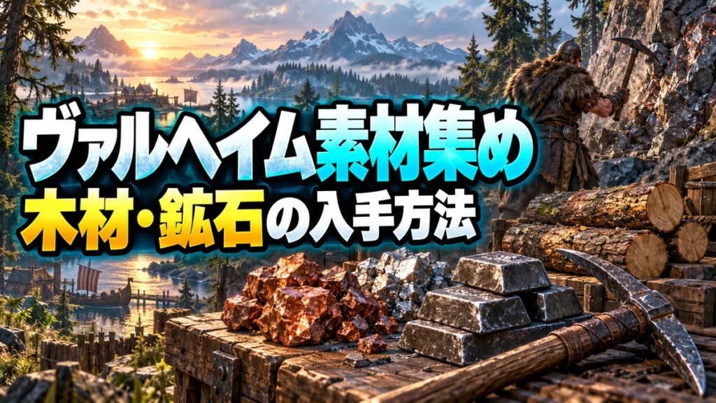 木材・鉱石・つるはしを配したValheim素材集めガイドのイラスト