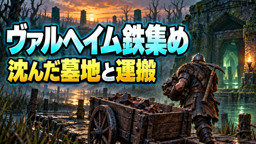 沼の墓地・鉄くず・荷車を描いたValheim鉄集めと運搬ガイドのイラスト