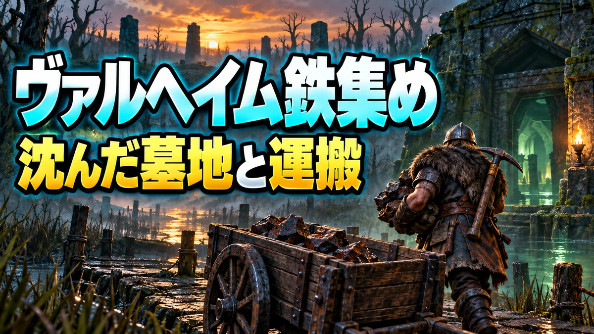 沼の墓地・鉄くず・荷車を描いたValheim鉄集めと運搬ガイドのイラスト