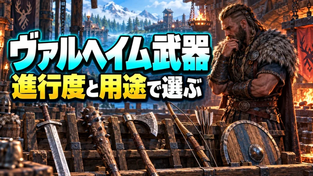 剣・メイス・弓・盾を並べたValheim武器選びガイドのイラスト