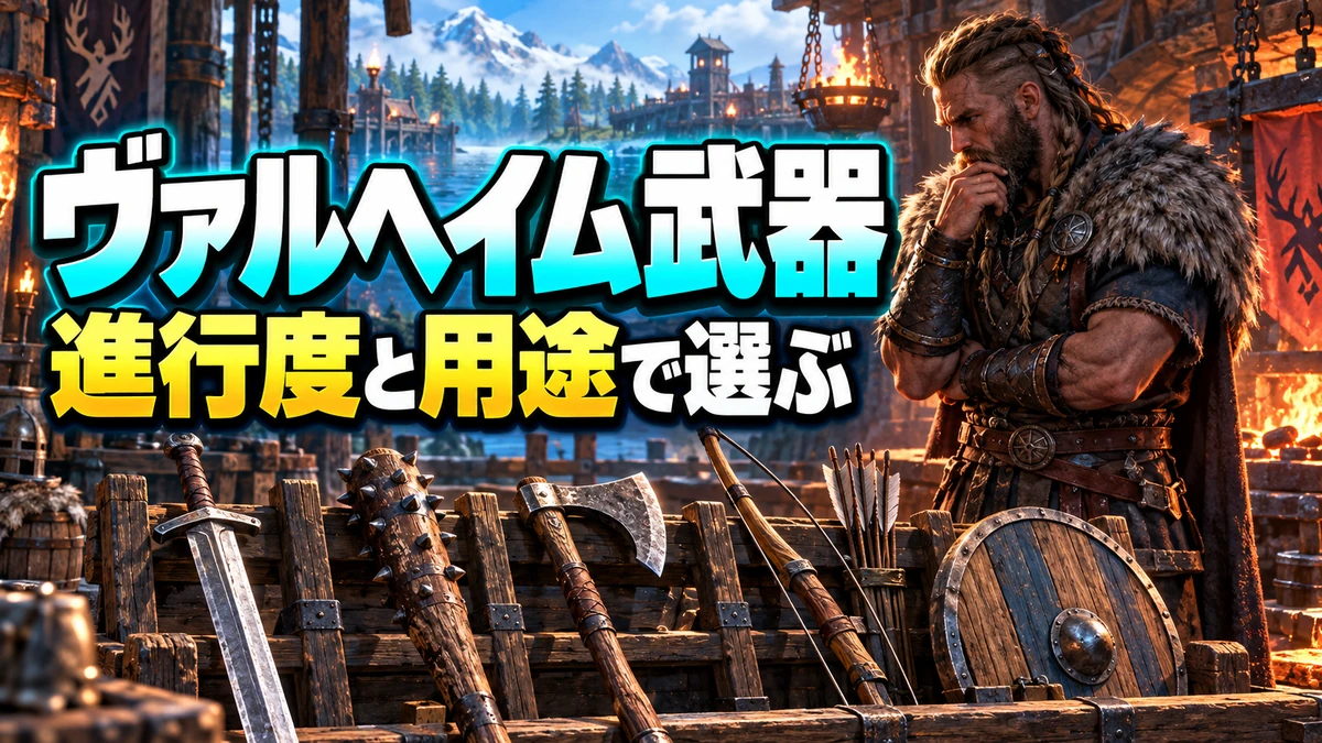 剣・メイス・弓・盾を並べたValheim武器選びガイドのイラスト