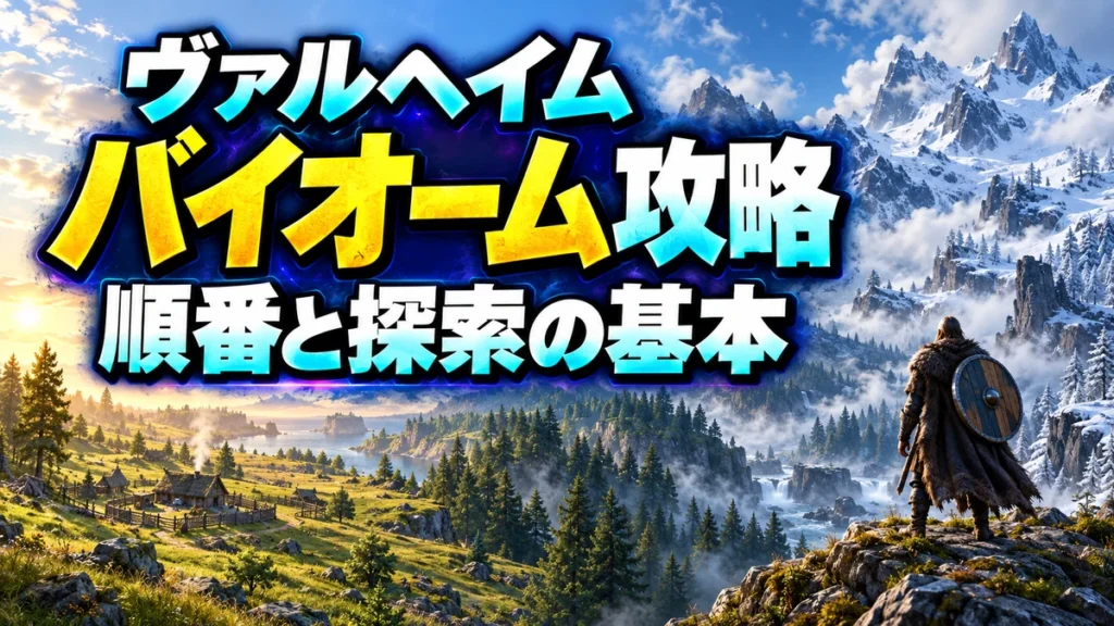 Valheimのバイオーム攻略を解説する北欧風イラスト。順番と探索の基本。