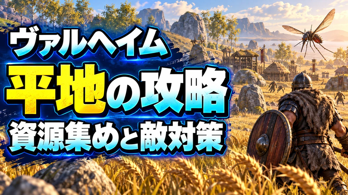 Valheimの平地の攻略を解説する北欧風イラスト。資源集めと敵対策。