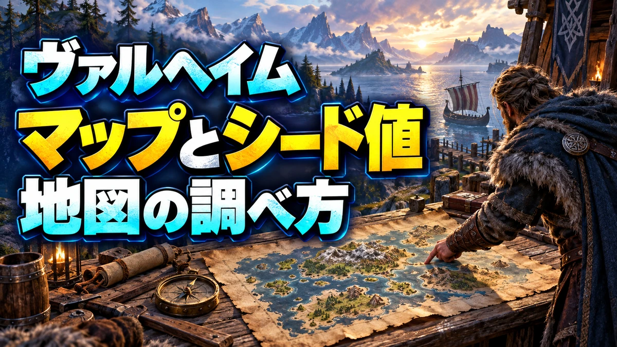 Valheimのマップとシード値を解説する北欧風イラスト。地図の調べ方。
