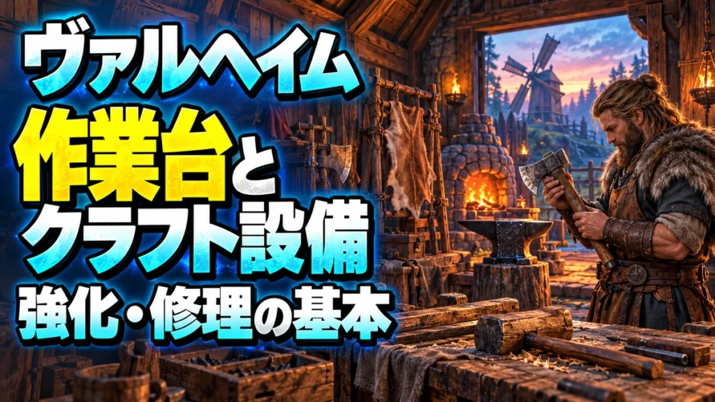 Valheimの作業台とクラフト設備を解説する北欧風イラスト。強化・修理の基本。