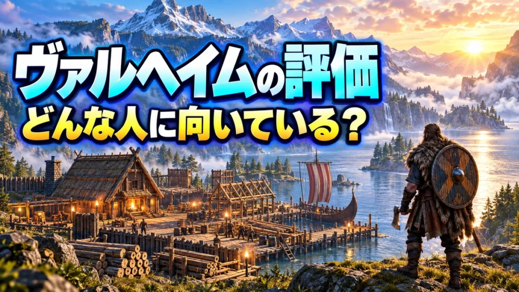 建築と探索のある北欧の風景を描いたValheimレビュー用イラスト
