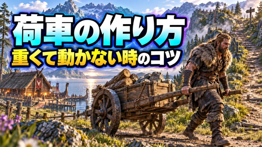 平らな道で木製の荷車を引く冒険者を描いたValheim運搬イラスト