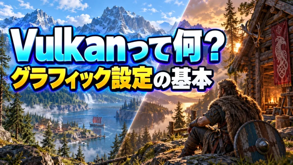 北欧風の風景を比較的な光の演出で描いたValheim PC設定解説イラスト