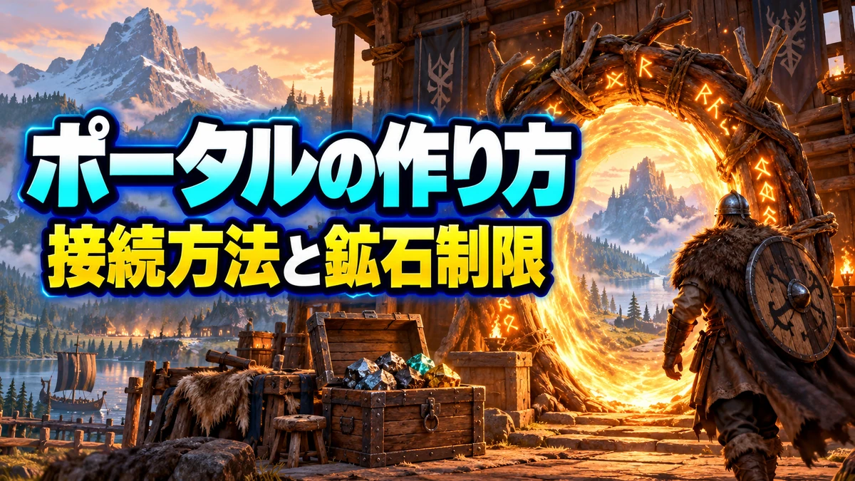 木製ポータルと入口に置いた鉱石箱を描いたValheimポータル解説イラスト