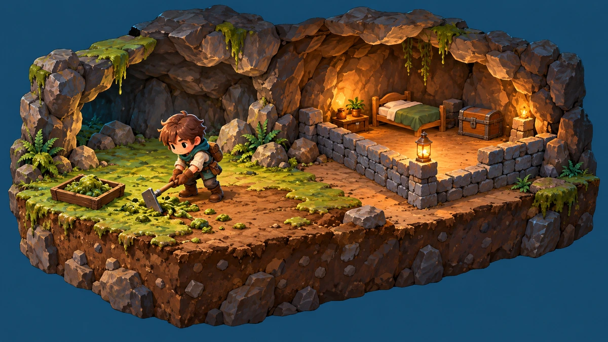 クワで薄い地表を回収する探索者と地下拠点を描いたAI概念イラスト