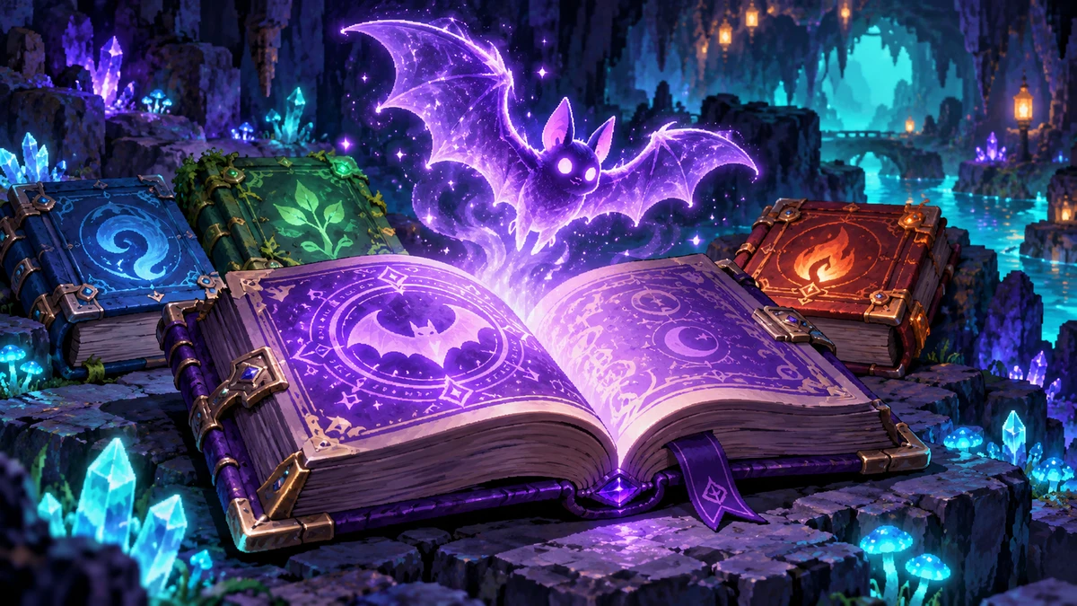 開いた紫色の魔法書から光るコウモリが現れる学術書とミニオン召喚のAI概念図