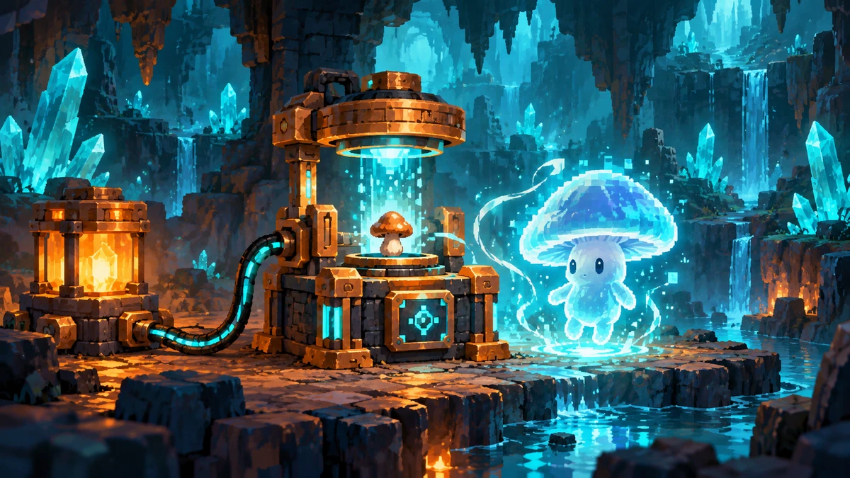 電源からケーブルでつながる装置と、像から現れる青い敵を描いたマテリアライザーの概念図
