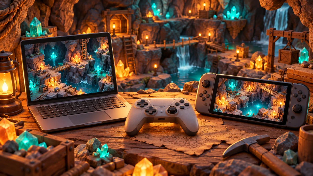 地下洞窟の作業台に並ぶPC・ゲームパッド・携帯ゲーム機のAI概念イラスト