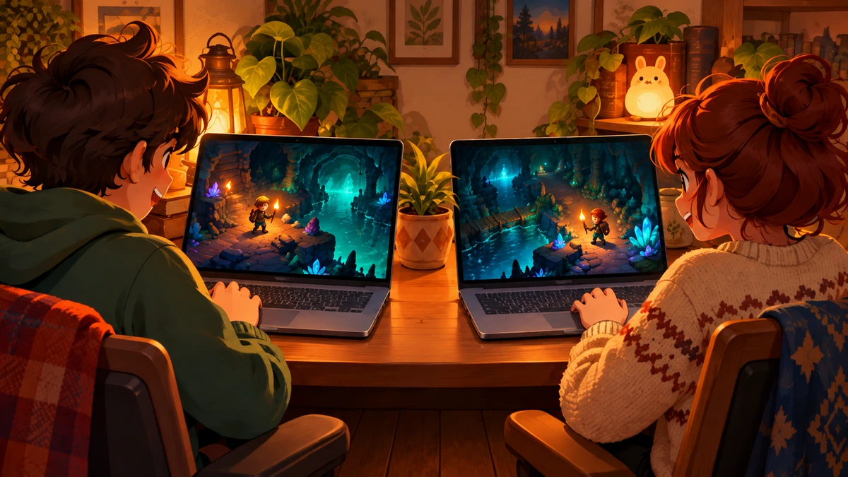 別々のノートPCで協力する二人を描いたAI概念図
