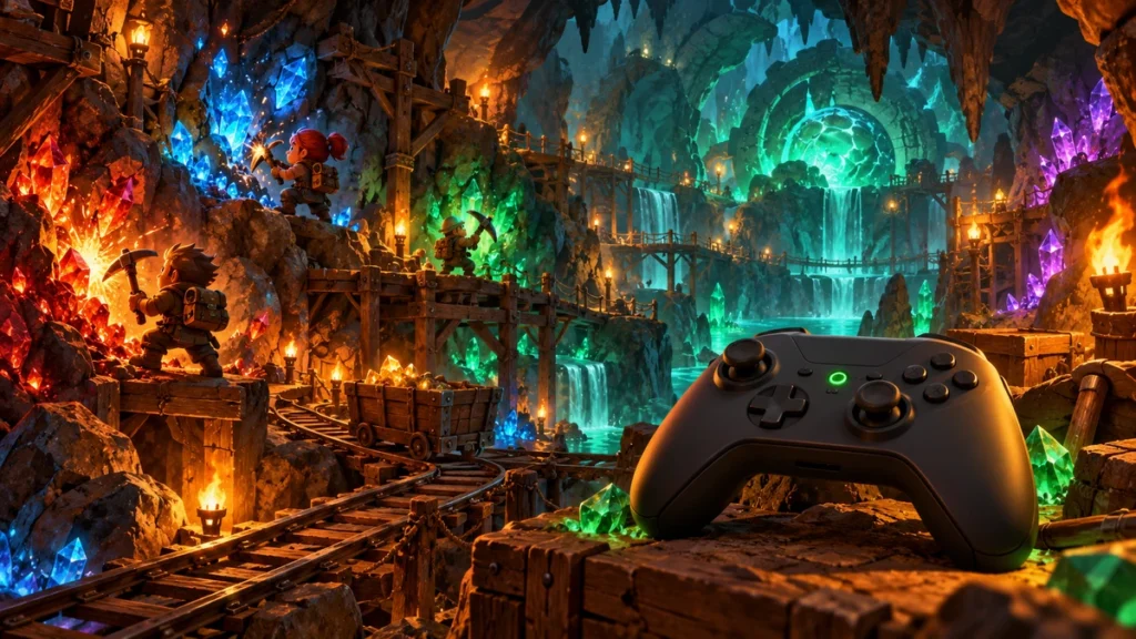 地下鉱山と緑色の光の汎用コントローラーを描いたXbox対応の概念イラスト