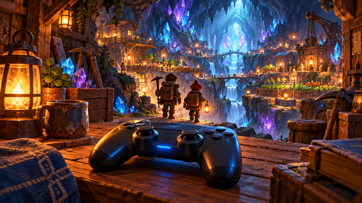 地下の集落と青い光の汎用コントローラーを描いたPS4対応の概念イラスト