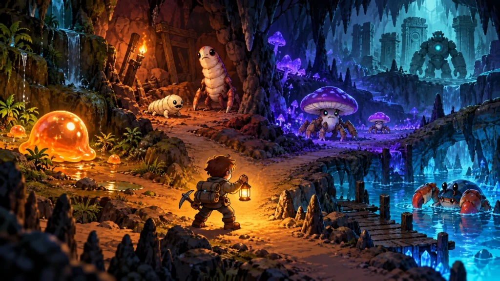 地下の探索者とスライム・幼虫・キノコ・水辺の敵群を描いた概念イラスト