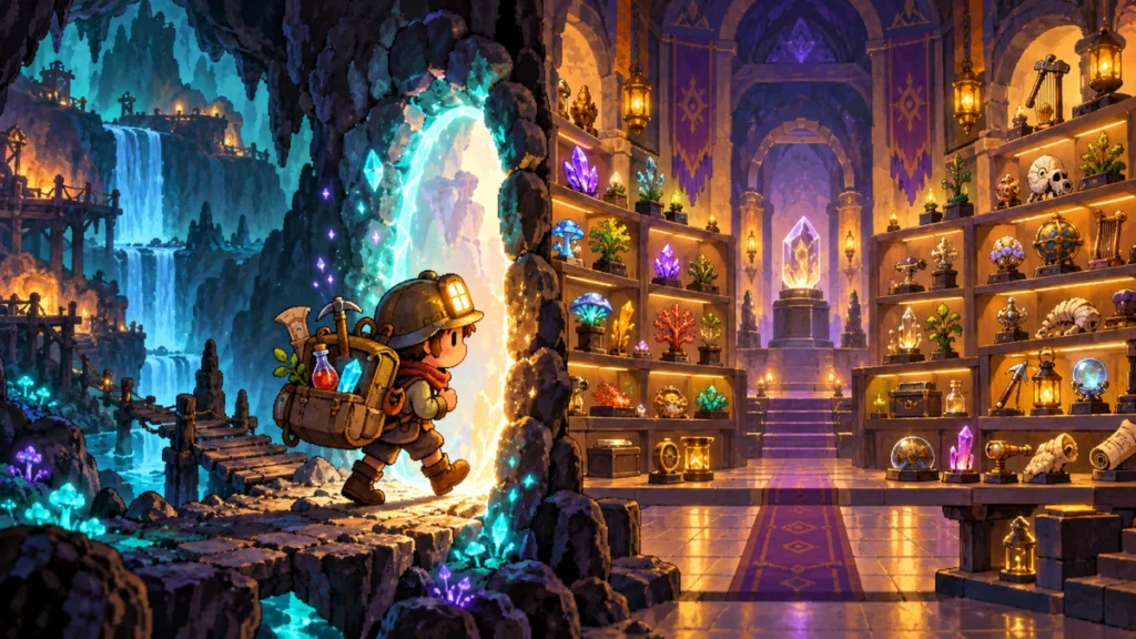 持ち物を背負って別の洞窟へ進む探索者とアイテム展示室を描いたAI生成の概念イラスト