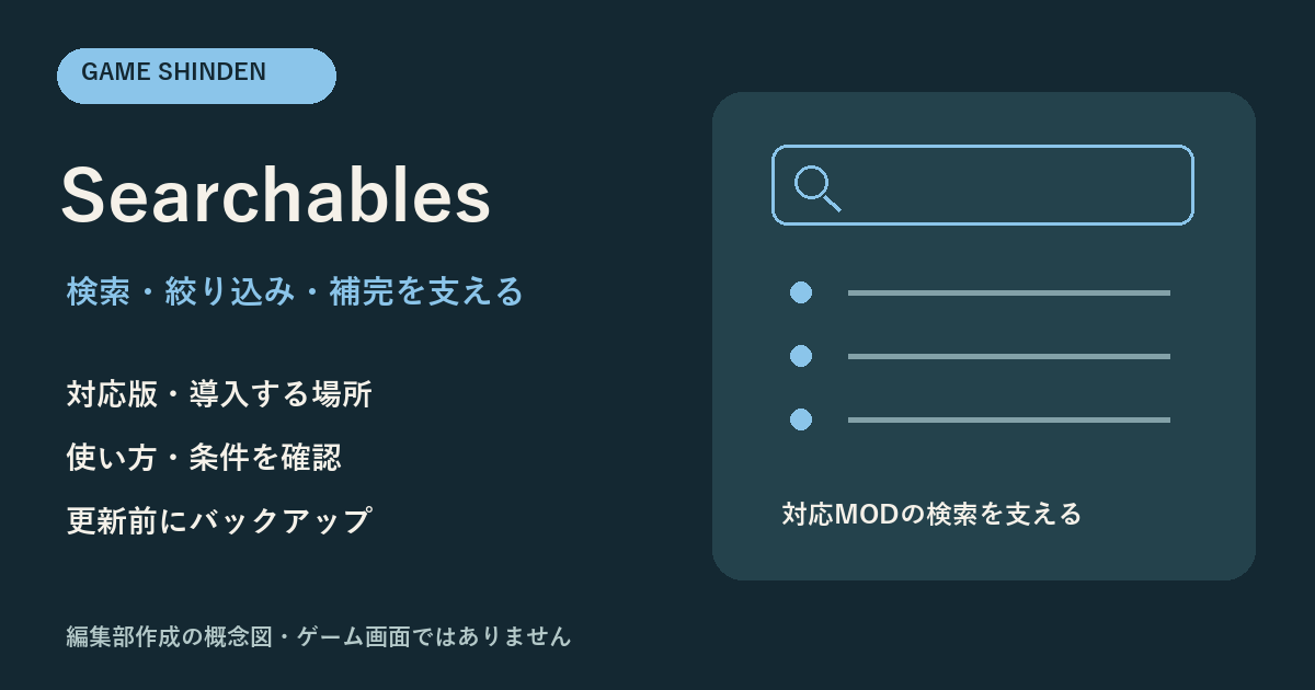 Searchablesの用途・対応版・注意点を示す編集部作成の概念図