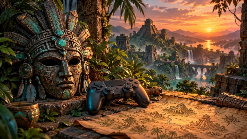 古代の仮面と汎用ゲームパッドを描いたAI生成の概念画