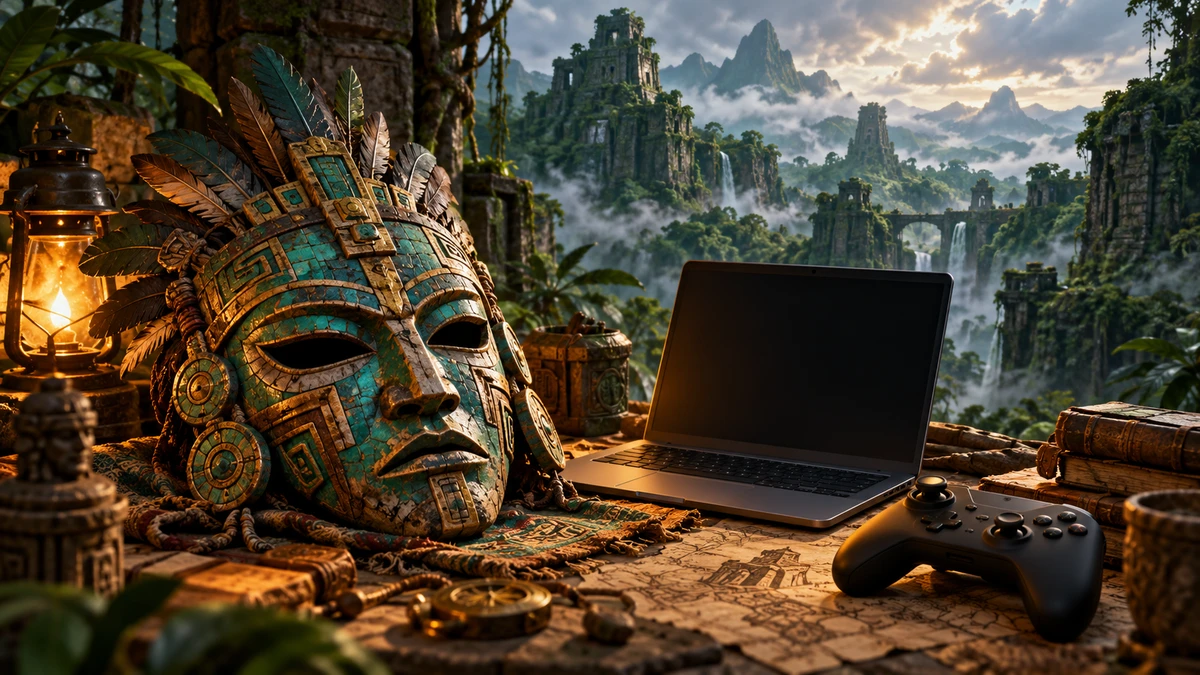 古代の仮面とPC、汎用コントローラーを描いたAI生成の概念画