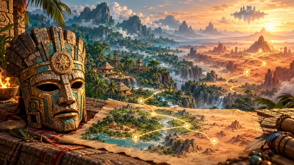 古代の仮面と森林から砂漠へ続く道を描いたAI生成の概念画