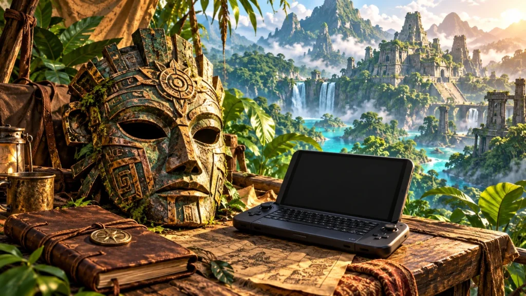 古代の仮面と旅の手帳、携帯PCのシルエットを描いたAI生成の概念画