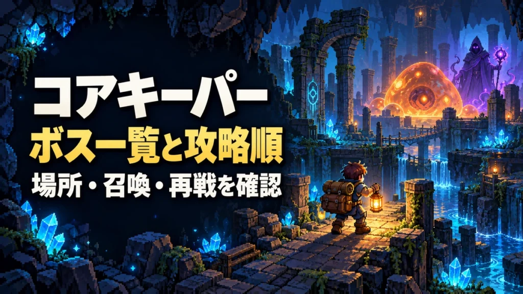 「コアキーパー ボス一覧と攻略順 場所・召喚・再戦を確認」の文字と、地下遺跡を進む探索者、奥に現れる大きなスライムと魔法使いを描いたAI制作の紹介イラスト。実際のゲーム画面ではありません。