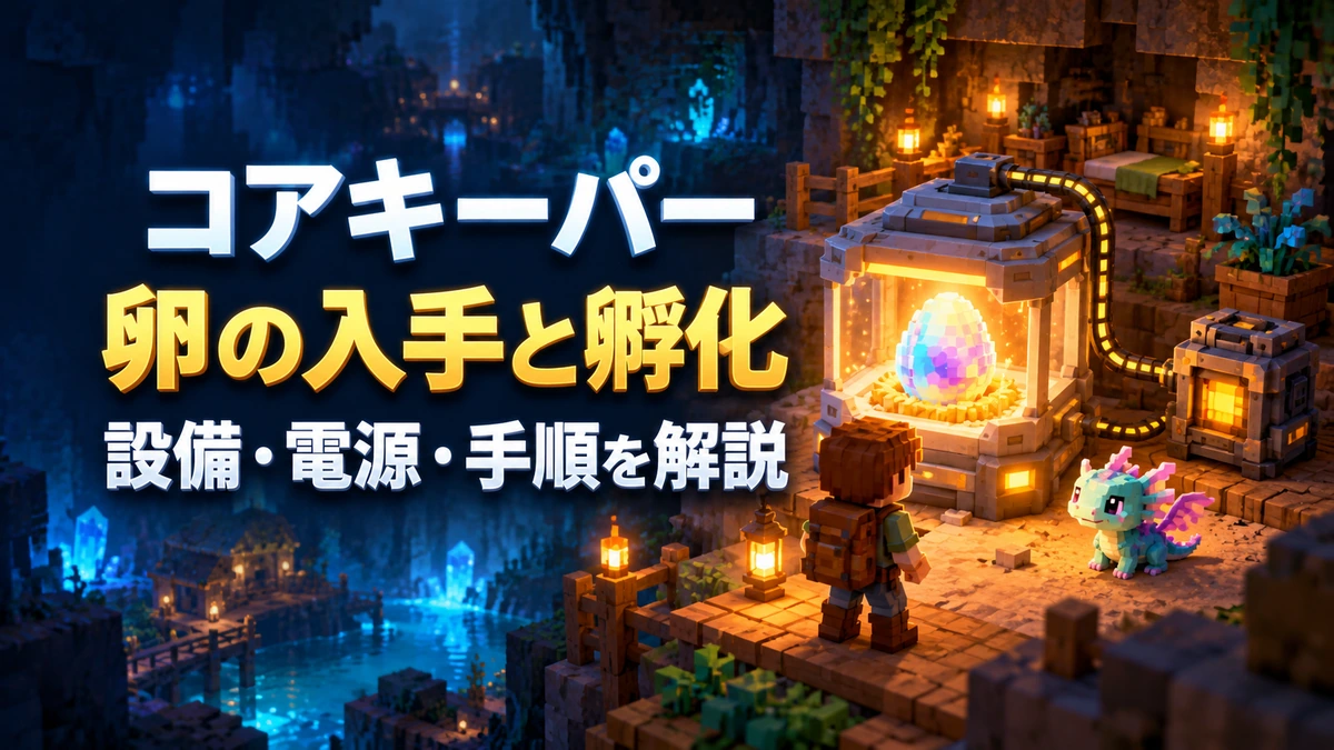 「コアキーパー 卵の入手と孵化 設備・電源・手順を解説」の文字と、卵の孵化を見守る冒険者を描いたAI制作イラスト。