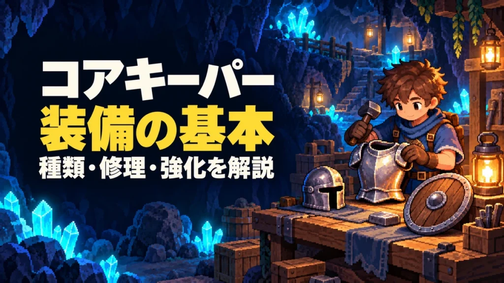 「コアキーパー 装備の基本 種類・修理・強化を解説」の文字と、洞窟の作業台で胸当て・兜・盾を準備する探索者を描いたAI制作の紹介イラスト。実際のゲーム画面ではありません。