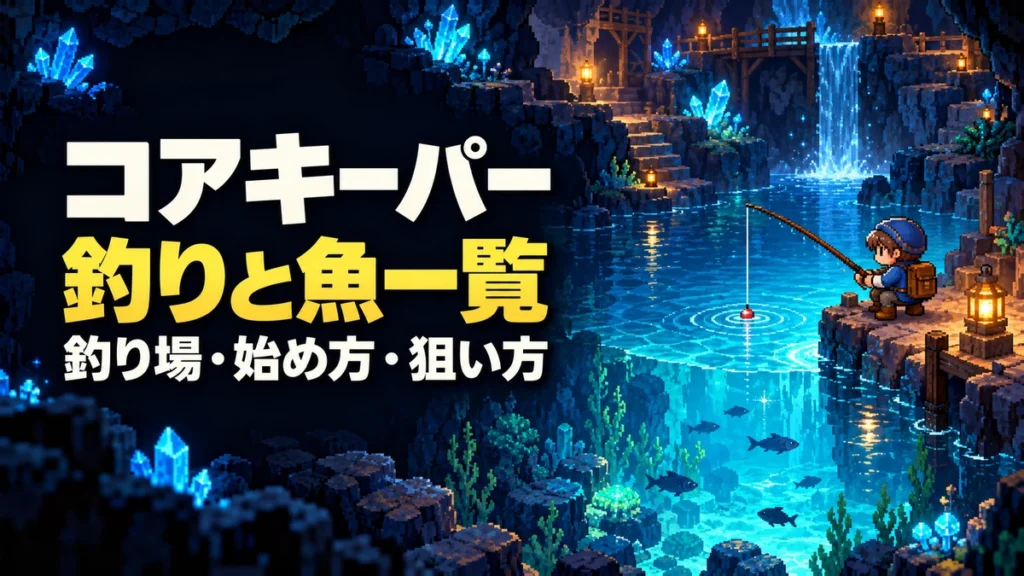 「コアキーパー 釣りと魚一覧 釣り場・始め方・狙い方」の文字と、地下洞窟の水辺で釣りをする探索者や魚影を描いたAI制作の紹介イラスト。実際のゲーム画面ではありません。