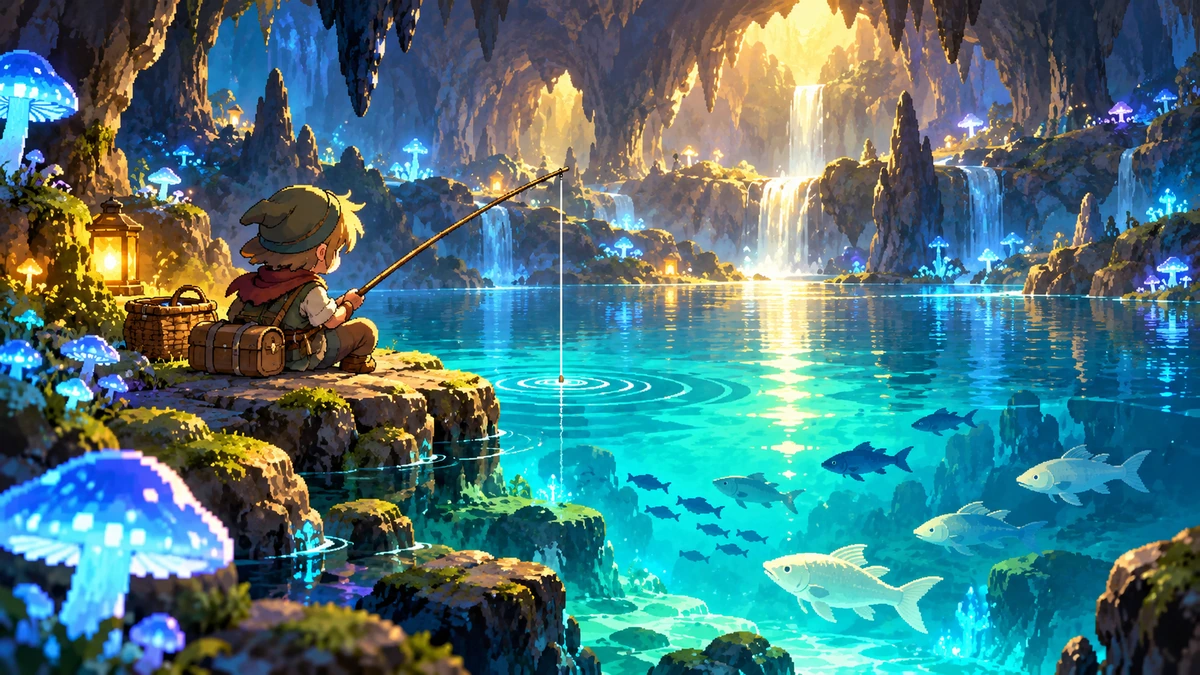 地下の水辺で手動釣りを続ける探検者を描いたAIコンセプト画像