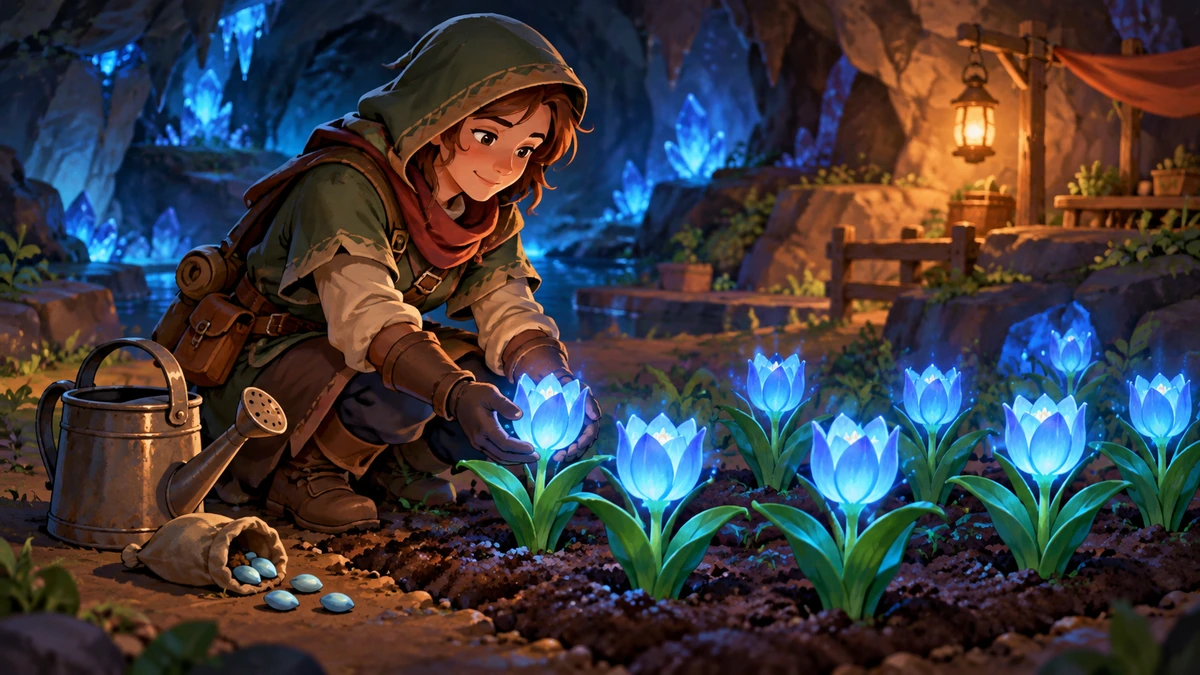 地下の青く光る花と畑を手入れする探索者のAI概念図