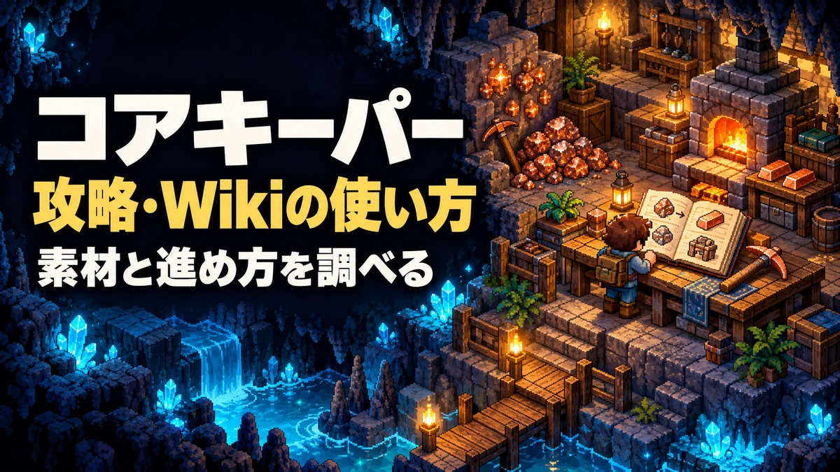 「コアキーパー 攻略・Wikiの使い方 素材と進め方を調べる」の文字と、地下拠点で鉱石・かまど・作業台を本で調べる探索者を描いたAI制作の紹介イラスト