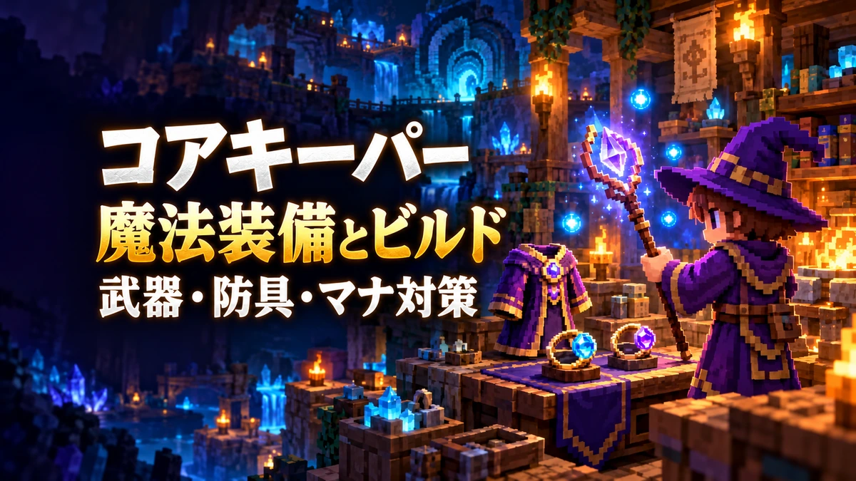 「コアキーパー 魔法装備とビルド 武器・防具・マナ対策」の文字と、杖やローブを選ぶ冒険者を描いたAI制作イラスト。