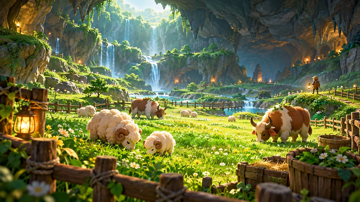 地下の牧草地と動物を描いたAI概念図
