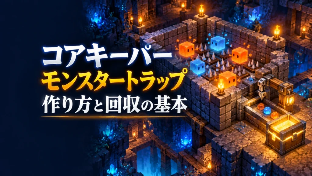 「コアキーパー モンスタートラップ 作り方と回収の基本」の文字と、洞窟の囲いにいるスライムや回収設備を描いたAI制作イラスト。