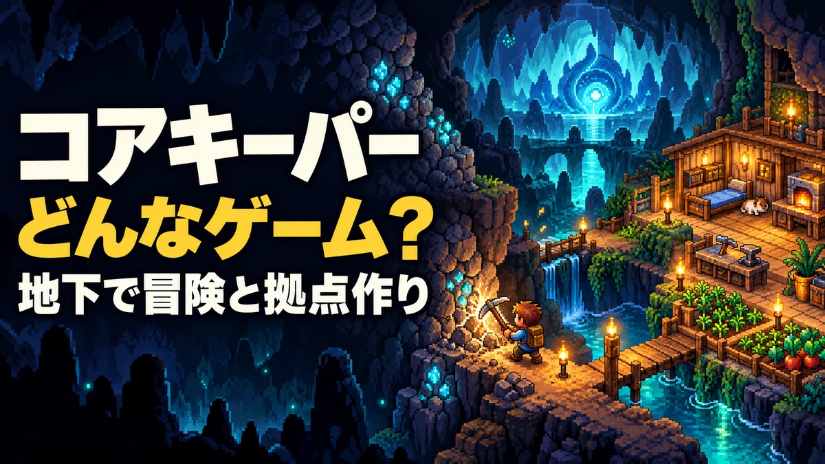 地下洞窟で採掘する探検家と、作業台・畑・橋のある木の拠点を描いたコアキーパー紹介イラスト。見出しは「コアキーパー」「どんなゲーム?」「地下で冒険と拠点作り」