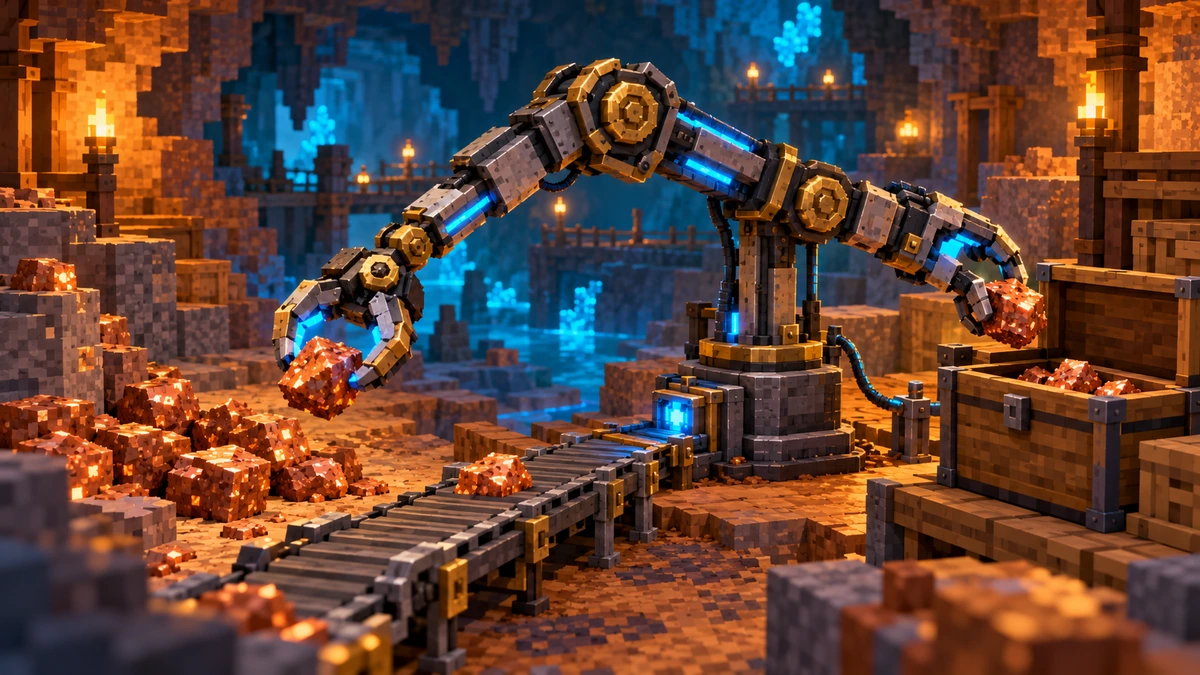 鉱石を拾って木のチェストへ移すロボットアームを描くAI生成の概念画