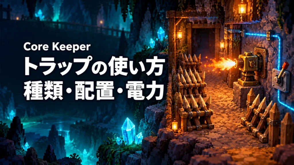 「Core Keeper トラップの使い方 種類・配置・電力」の文字と、洞窟内の罠を描いたAI制作イラスト。