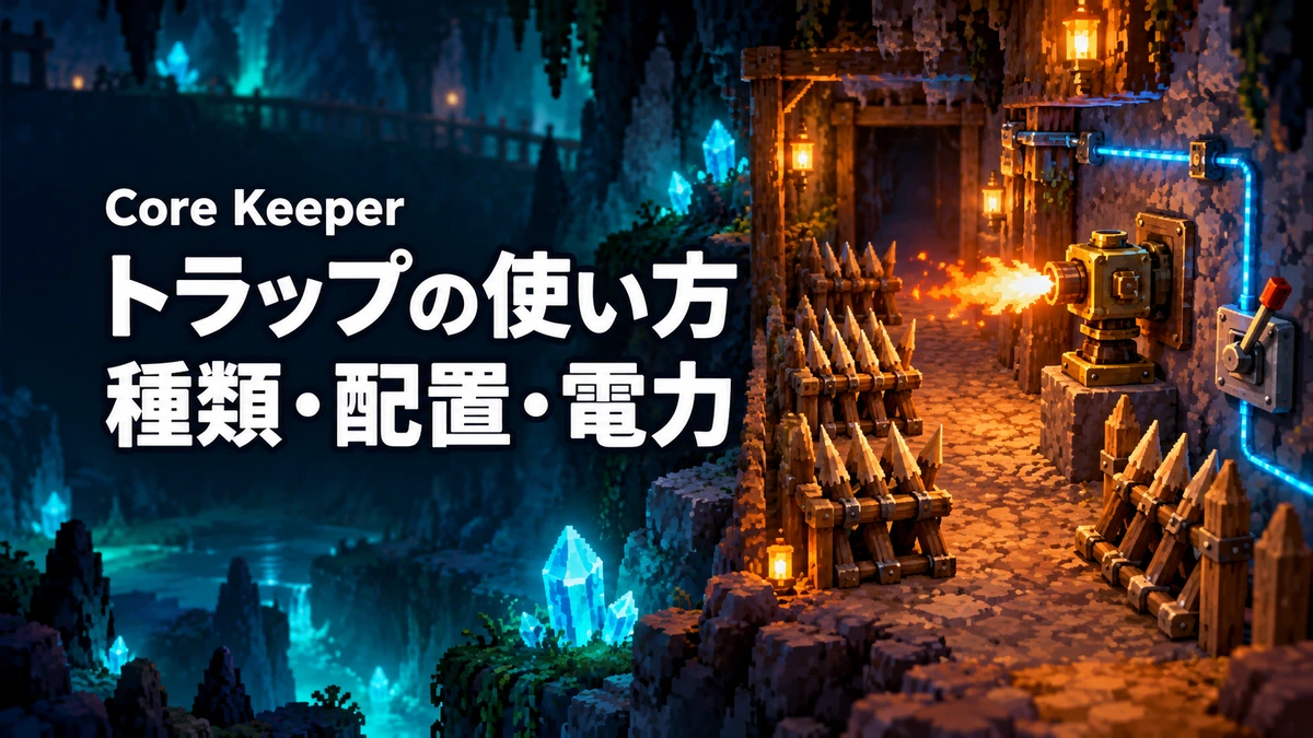 「Core Keeper トラップの使い方 種類・配置・電力」の文字と、洞窟内の罠を描いたAI制作イラスト。