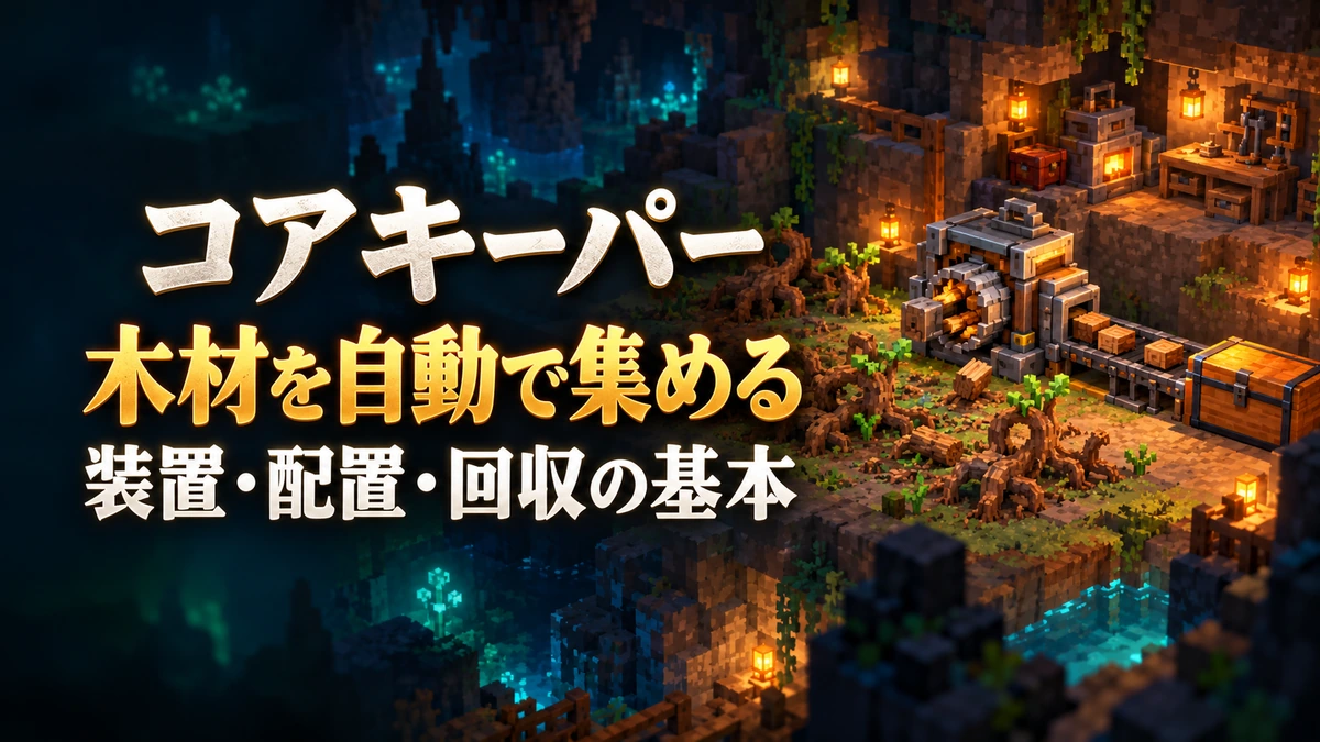 「コアキーパー 木材を自動で集める 装置・配置・回収の基本」の文字と、木材を集める拠点を描いたAI制作イラスト。